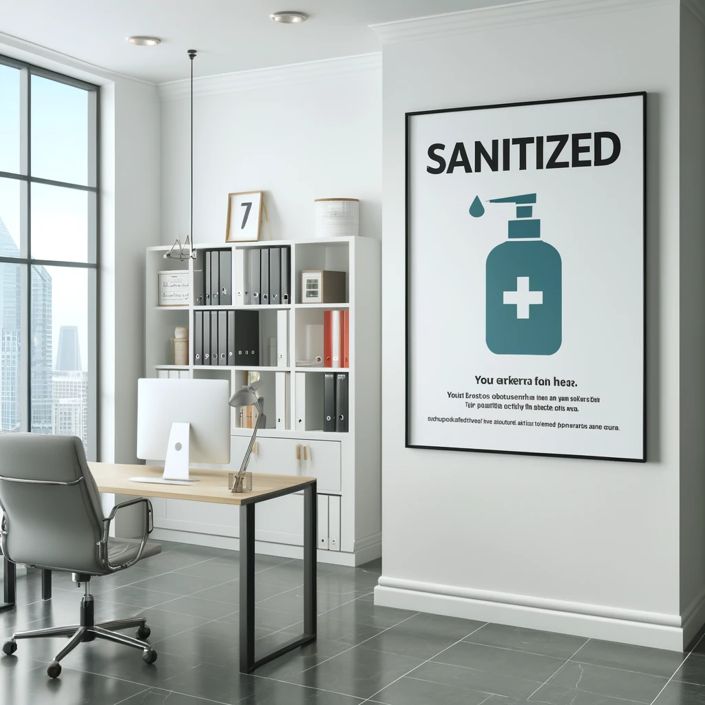モダンで清潔なオフィス内の壁に「消毒済み」ポスターが掲示されている。ポスターのデザインはオフィスの装飾と一致しており、誰でもすぐに目に留まる