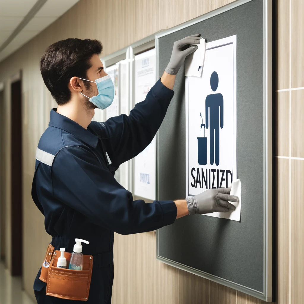 制服を着た作業員が清潔な廊下の掲示板に「消毒済み」ポスターを新しいものに張り替えている。作業員は古いポスターの上に新しいポスターを慎重に貼り付けている
