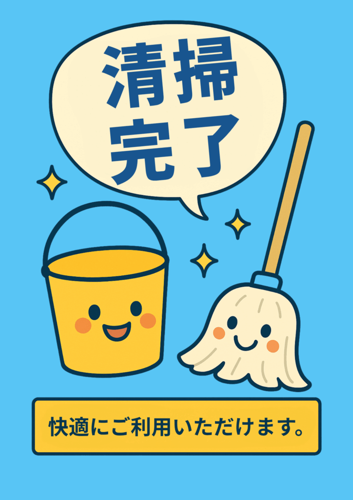 水色背景にバケツとモップのキャラクターが吹き出しで「清掃完了」と笑顔で伝え、下部の黄色帯に「快適にご利用いただけます。」とメッセージを載せたポップなポスター。