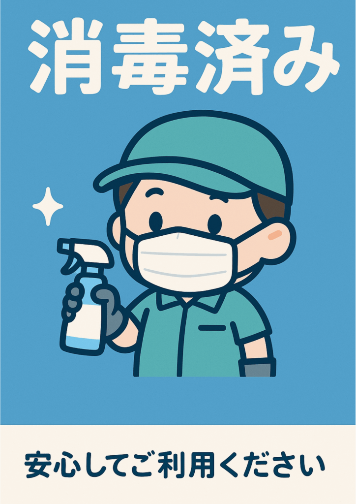 水色背景にマスクと帽子を着用したキャラクターがスプレーボトルを持つイラストを配置し、上部に白文字で「消毒済み」、下部に「安心してご利用ください」と添えたポップなポスター。
