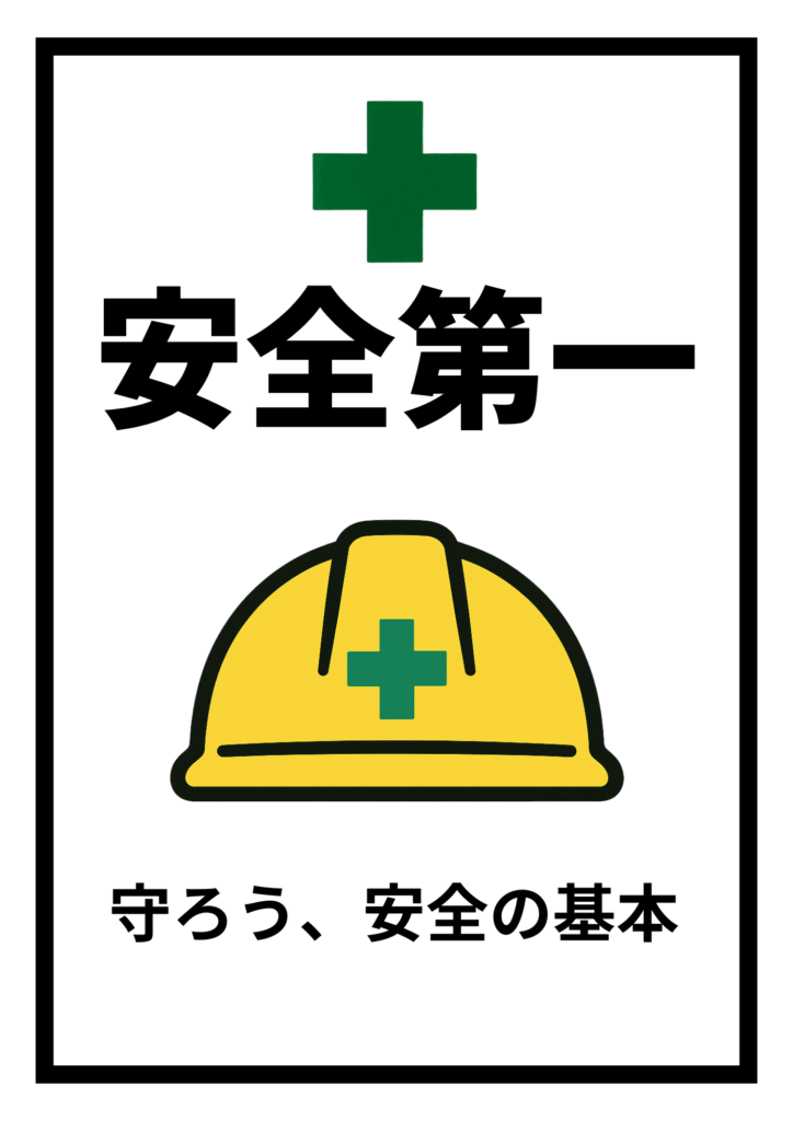緑の十字と「安全第一」の文字、黄色い安全ヘルメットが描かれた安全標識。「守ろう、安全の基本」のメッセージ付き。