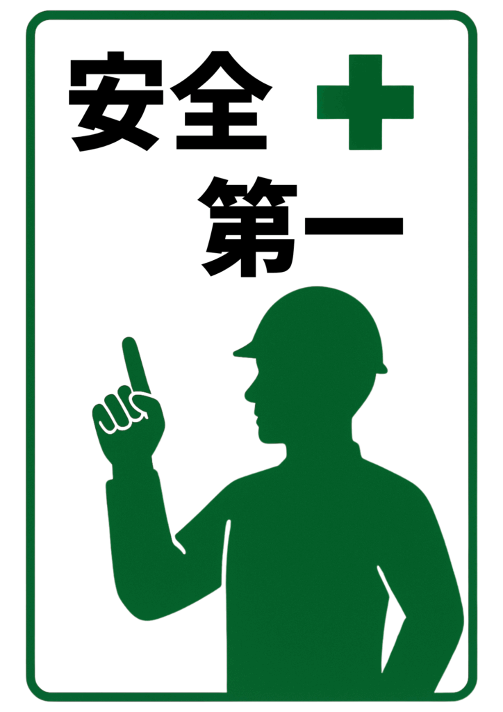 緑の十字と「安全第一」の文字、指を立てるヘルメット姿の作業員シルエットが描かれた安全標識。
