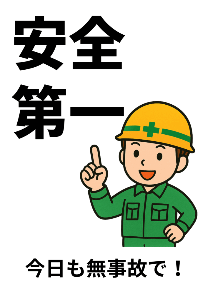 「安全第一」の文字と黄色いヘルメットをかぶった笑顔の作業員イラストが描かれた安全標識。「今日も無事故で！」のメッセージ付き。