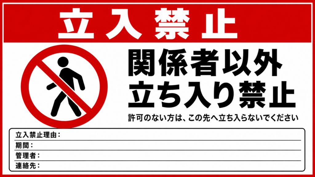 赤帯の「立入禁止」と関係者以外立ち入り禁止の表示、管理情報の記入欄がある横型ポスター