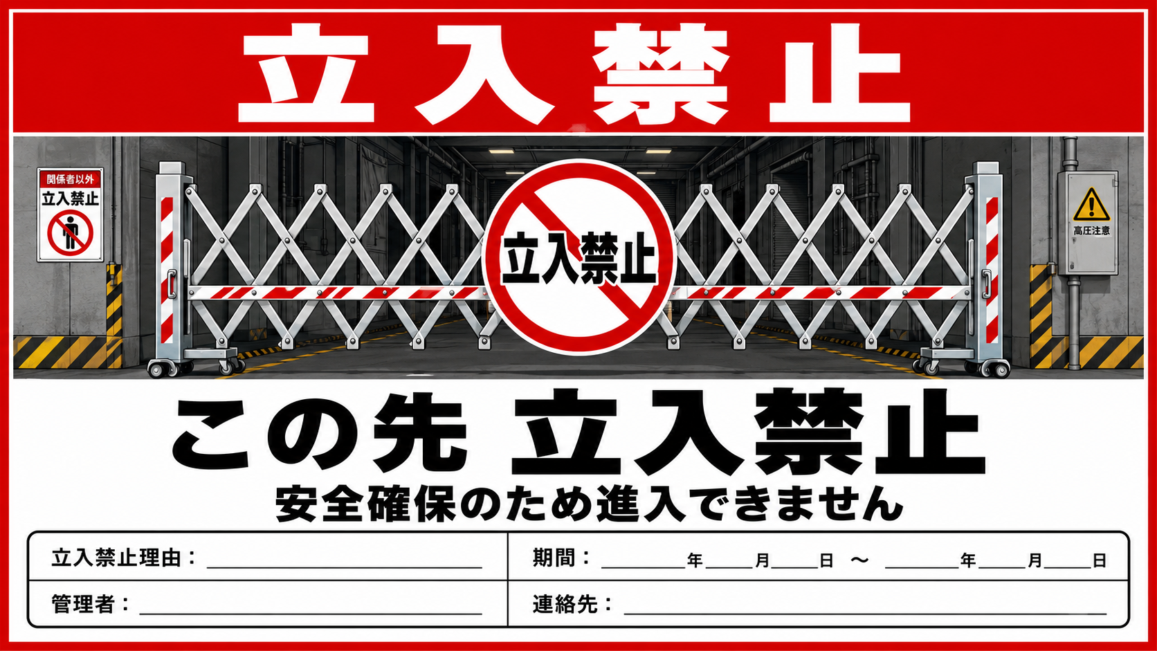 伸縮ゲートと立入禁止マークを大きく配置し、安全確保のため進入できないことを知らせる横型ポスター