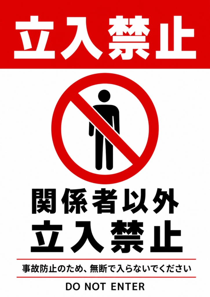 赤帯の「立入禁止」と進入禁止マーク、関係者以外立入禁止の注意文を配置した縦型ポスター