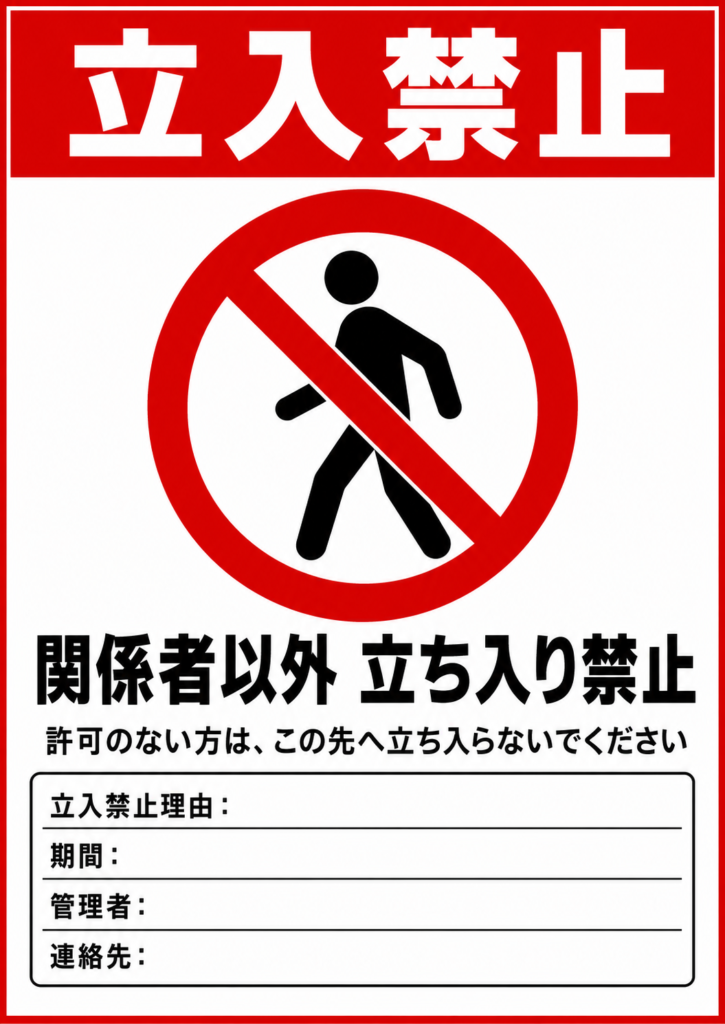 歩行者の禁止マークと関係者以外立ち入り禁止の案内、理由や期間の記入欄がある縦型ポスター