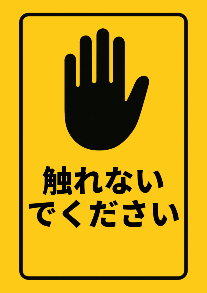 黄色の背景に黒い細い枠線、中央に大きな黒い手のシルエットとその下の黒文字で「触れないでください」と書かれたシンプルな縦型注意サイン