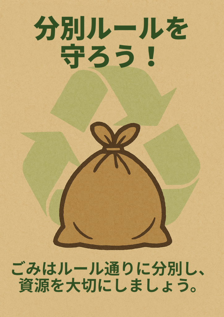 クラフト紙風背景にリサイクルマークと茶色のゴミ袋を描き、緑字で「分別ルールを守ろう！」と見出し。下部に「ごみはルール通りに分別し、資源を大切にしましょう。」と啓発するエコデザインのポスター。
