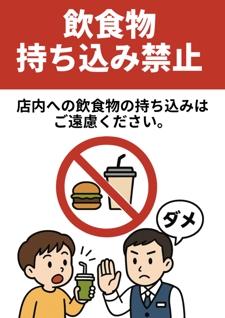 ハンバーガーとドリンクに赤い禁止マークが重なったイラストとともに、飲み物を持ち込もうとする子どもに店員が「ダメ」と手を上げて注意する様子が描かれ、「飲食物持ち込み禁止」「店内への飲食物の持ち込みはご遠慮ください。」と記された説明的なポスター。