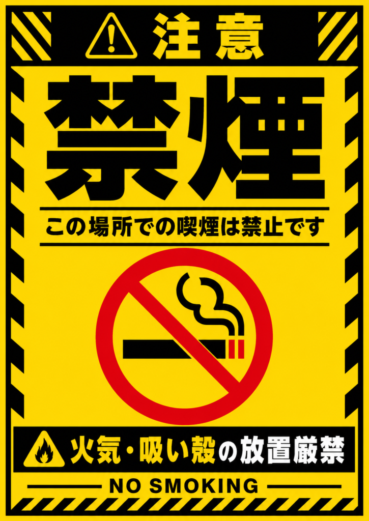黄黒の警告デザインに禁煙マークを配置し、「この場所での喫煙は禁止です」「火気・吸い殻の放置厳禁」「NO SMOKING」と注意喚起する縦型ポスター
