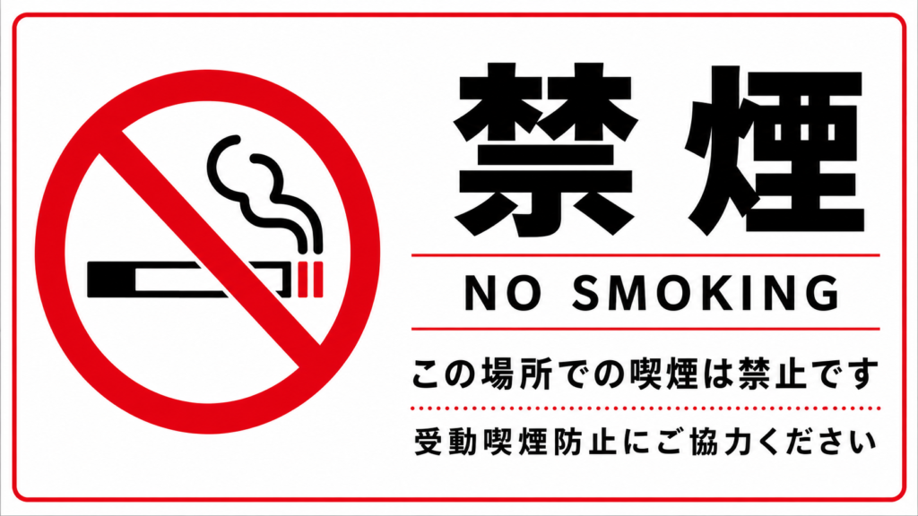 赤い禁煙マークを左側に配置し、「禁煙」「NO SMOKING」「この場所での喫煙は禁止です」「受動喫煙防止にご協力ください」と案内する横型ポスター