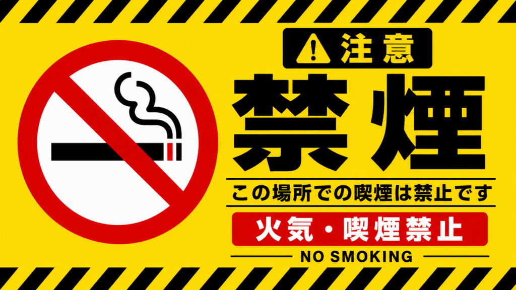 黄黒の警告ストライプと禁煙マークを配置し、「注意」「禁煙」「この場所での喫煙は禁止です」「火気・喫煙禁止」と強く警告する横型ポスター