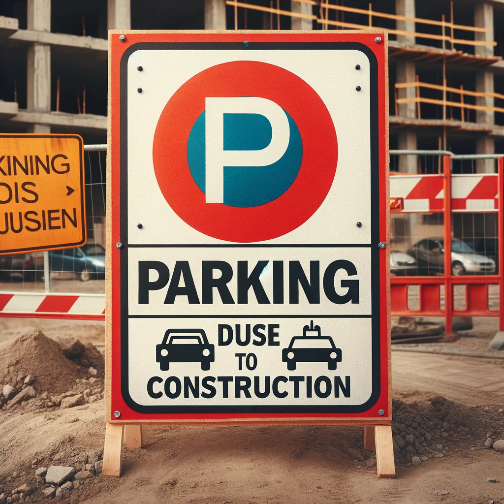 建設現場の背景に設置された「工事中のため駐車中」のサイン。赤い円と青い「P」のアイコンが描かれており、車のアイコンも含まれています。