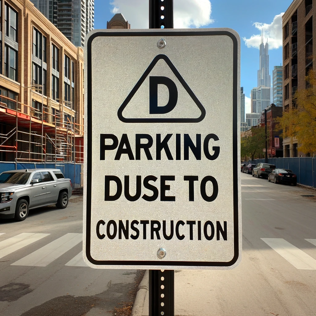 都市の背景に設置された「工事中のため駐車中」のサイン。サインには三角形の「D」アイコンが描かれています。