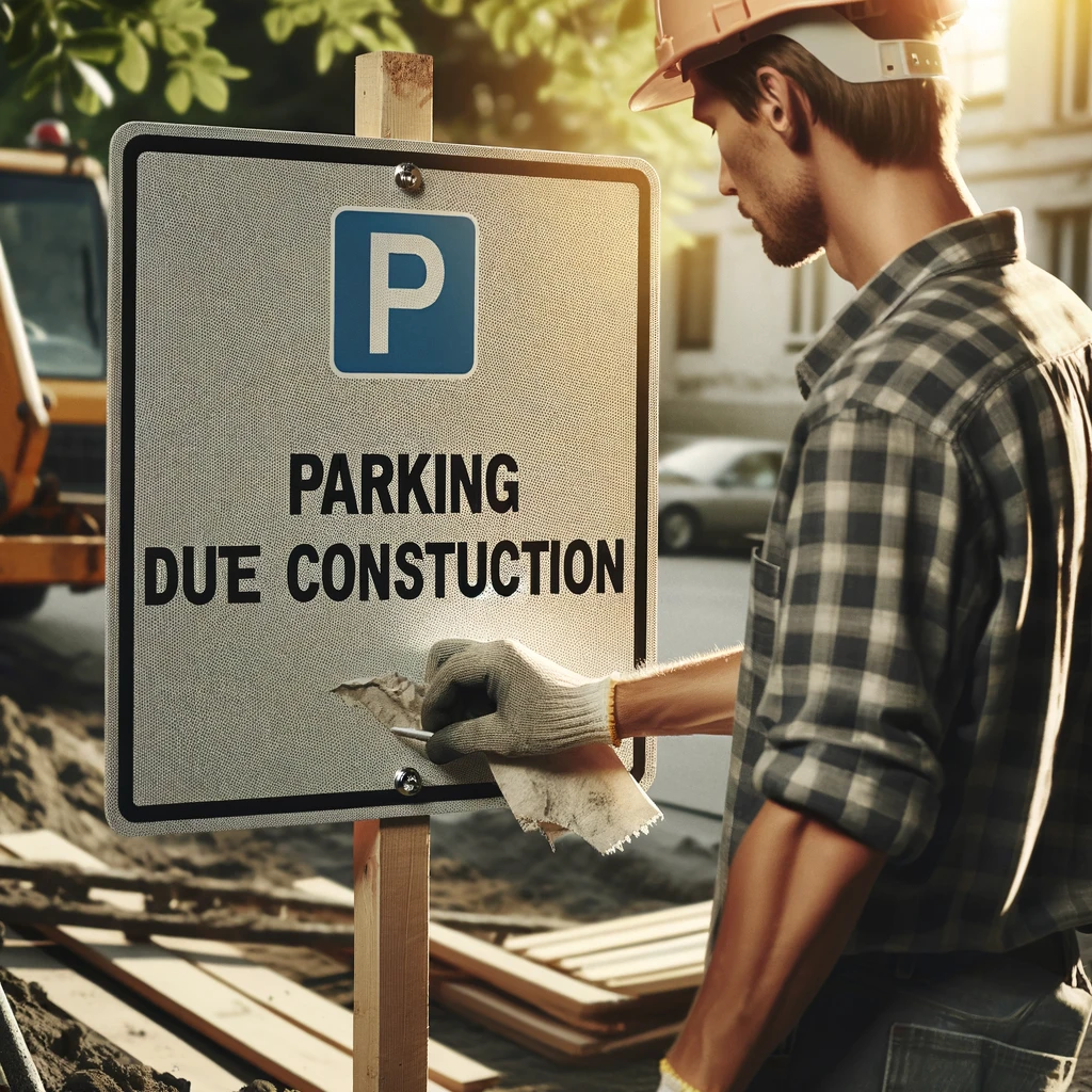 作業員が「工事中のため駐車中」のサインを設置している様子。背景には建設現場が見え、サインには青い「P」のアイコンが描かれている。