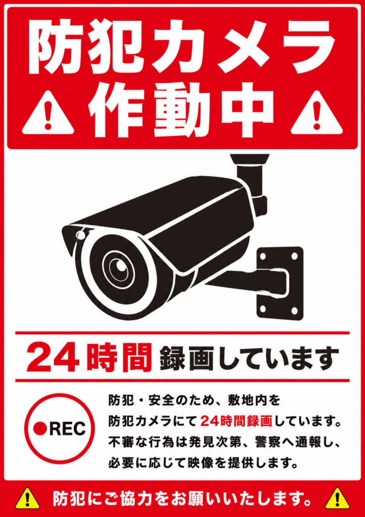 赤と白を基調に、防犯カメラ作動中と24時間録画を大きく表示した縦型の防犯警告ポスター