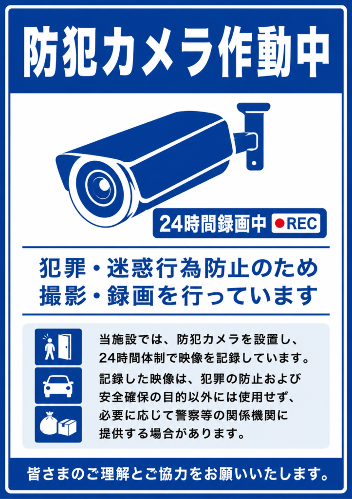 青と白を基調に、防犯カメラ作動中、24時間録画中、犯罪・迷惑行為防止を案内する縦型ポスター