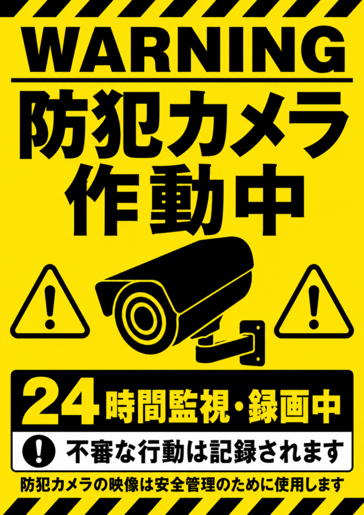 黄色と黒の警告配色で、防犯カメラ作動中と24時間監視・録画中を強調した縦型ポスター