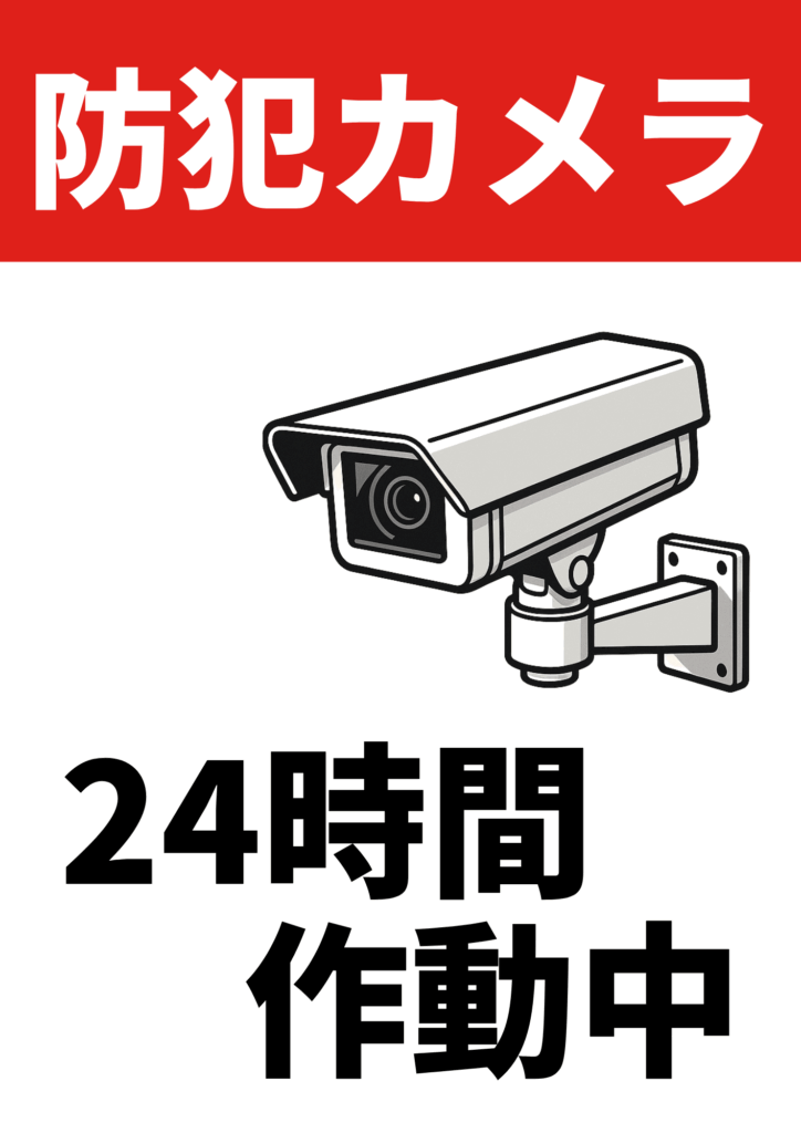 赤背景に白抜き文字で「防犯カメラ」、その下にリアルな監視カメラのイラストと「24時間作動中」と太字で書かれた張り紙。防犯を強く印象づける構成。