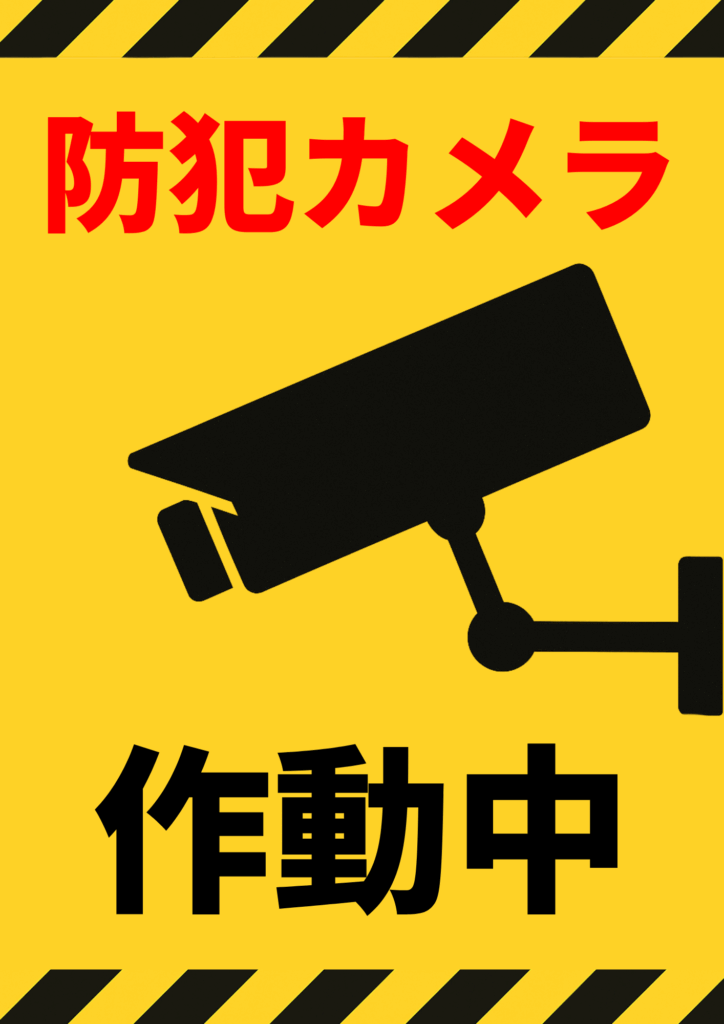 黄色背景に黒文字で「作動中」、赤文字で「防犯カメラ」と書かれた警告スタイルの張り紙。中央には黒い監視カメラのシルエット、上下に黄黒ストライプの注意枠付き。