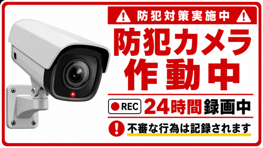 左側に大型防犯カメラ、右側に防犯カメラ作動中と24時間録画中を配置した赤枠の横型ポスター