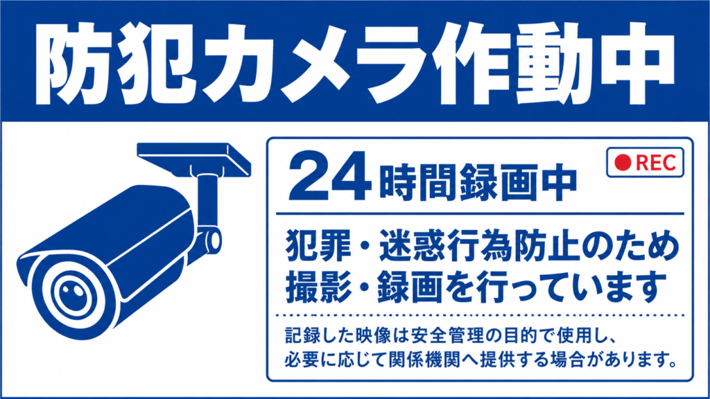 青い帯と防犯カメラのイラストで、24時間録画と犯罪・迷惑行為防止を案内する公共掲示風の横型ポスター