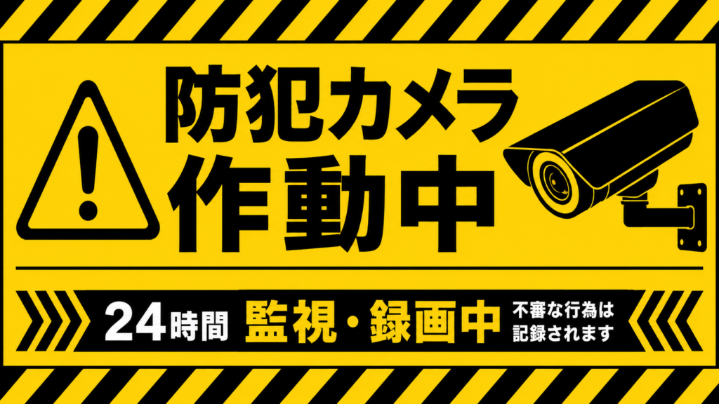 黄色と黒のストライプ柄に、防犯カメラ作動中と24時間監視・録画中を表示した工事看板風の横型ポスター