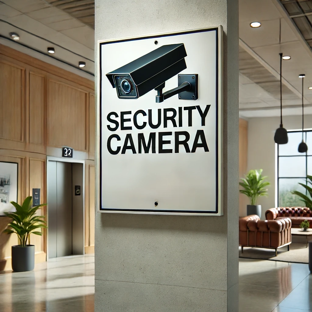 広々とした建物のエントランス近くに掲示された防犯カメラ作動中の看板。