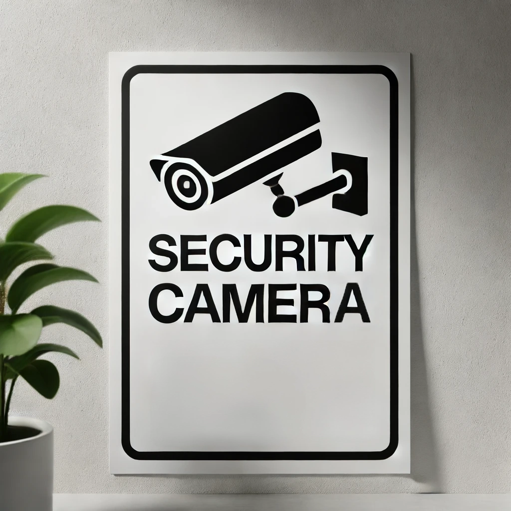 シンプルで視認性の高い防犯カメラ作動中の看板。白い背景に黒い文字とカメラのアイコンが描かれている。