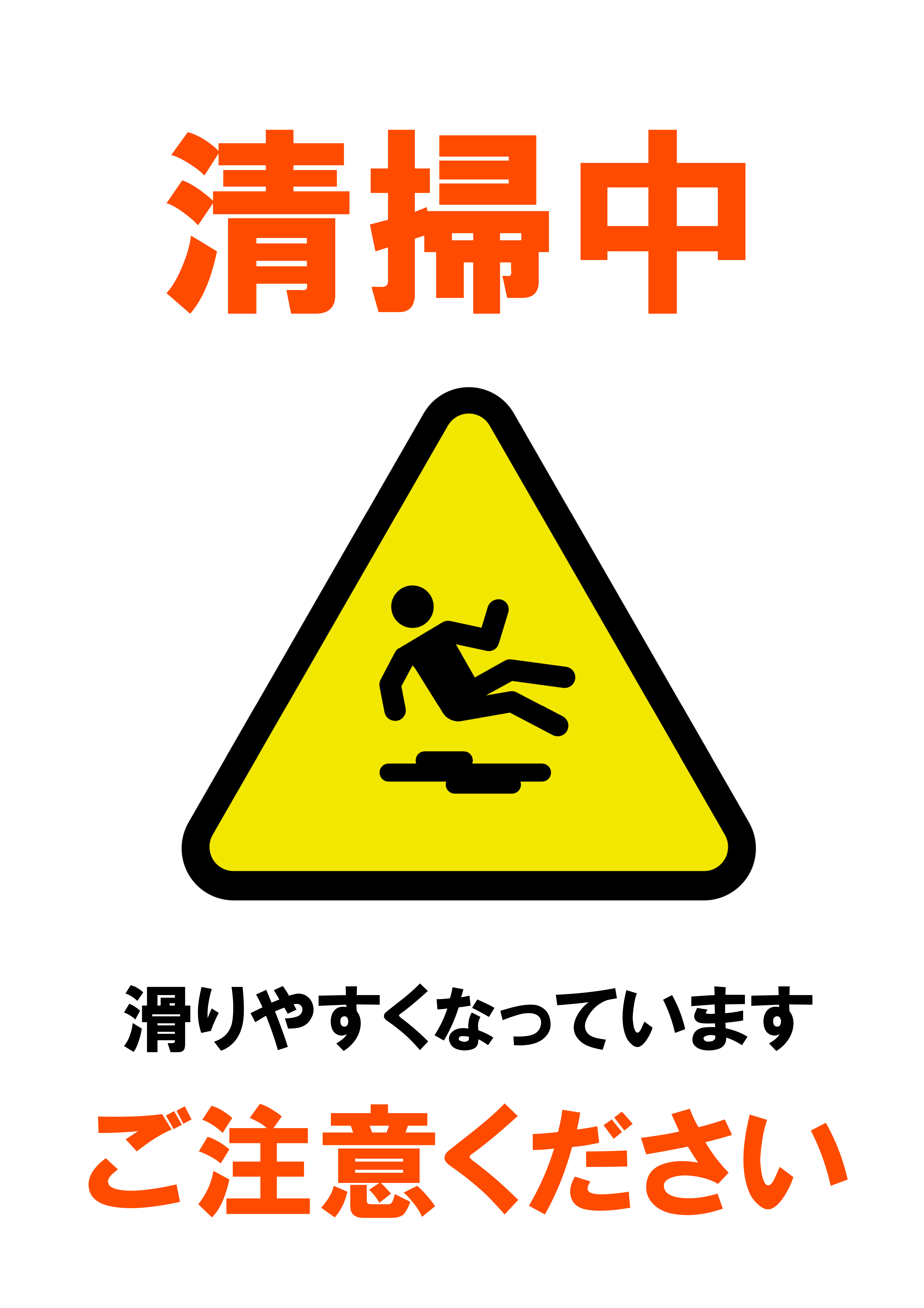 「清掃中」の貼り紙テンプレートの見本画像（縦A4_イラスト付き、黄色、滑る）