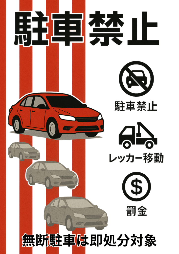 背景に縦縞の赤いラインが入った縦長レイアウトで、上部に大きな黒太字で「駐車禁止」、左側に赤い車とグレーの車が縦に並ぶイラスト、右側に駐車禁止標識アイコンと「駐車禁止」、レッカー移動アイコンと「レッカー移動」、罰金を示すドルマークアイコンと「罰金」、下部に黒いゴシックで「無断駐車は即処分対象」と書かれたテンプレート画像