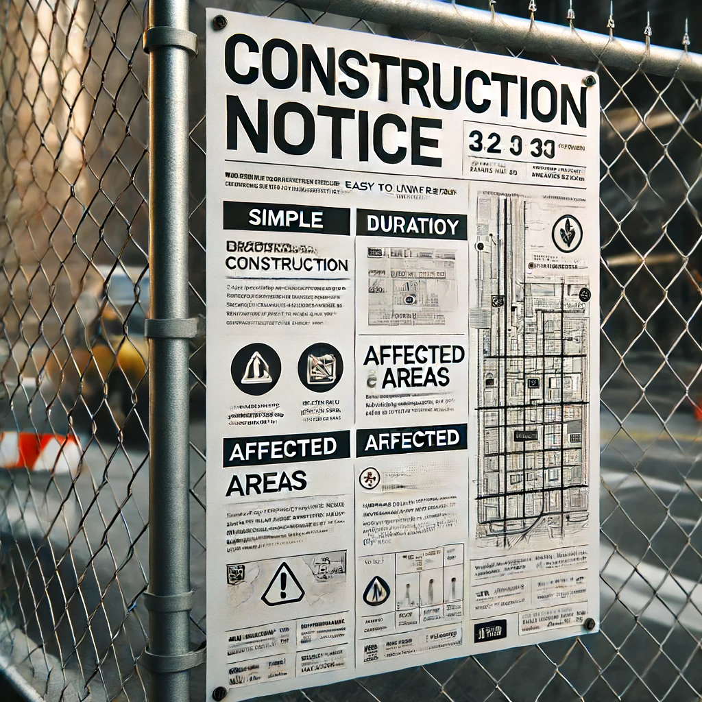 工事現場のフェンスに取り付けられたシンプルで明確な工事のお知らせポスター。大きく見やすい文字と、工事区域が強調された地図が含まれている。