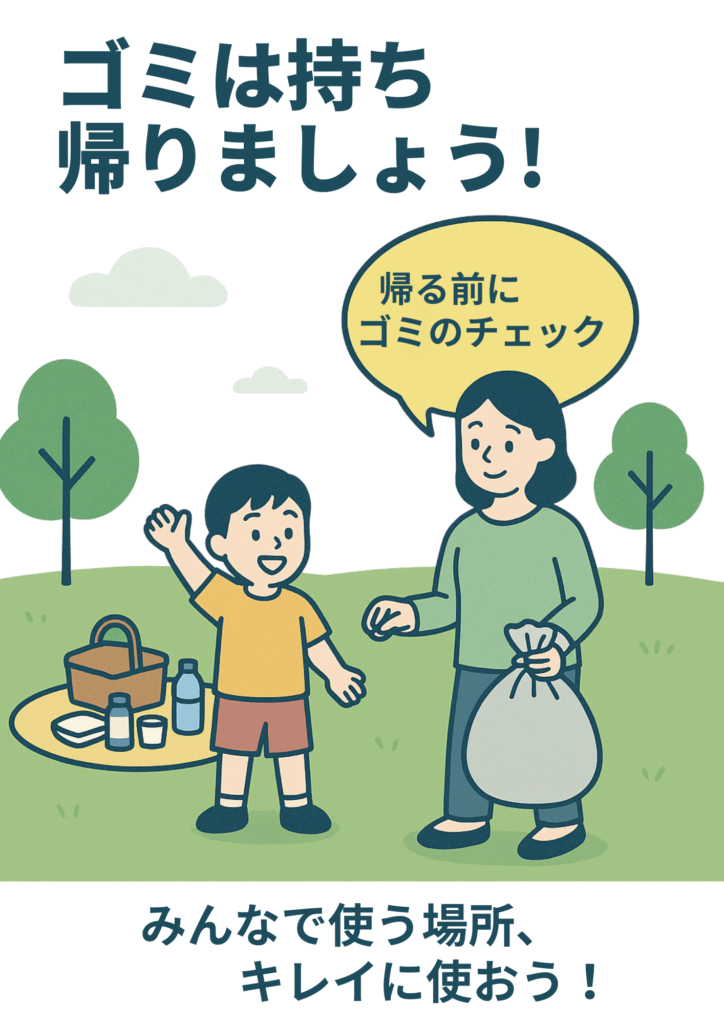 　「ゴミは持ち帰りましょう！」の大きな見出しと、親子がピクニック後にゴミを確認するイラスト。「帰る前にゴミのチェック」の吹き出しと、「みんなで使う場所、キレイに使おう！」という啓発文が書かれた温かみのあるデザイン。
