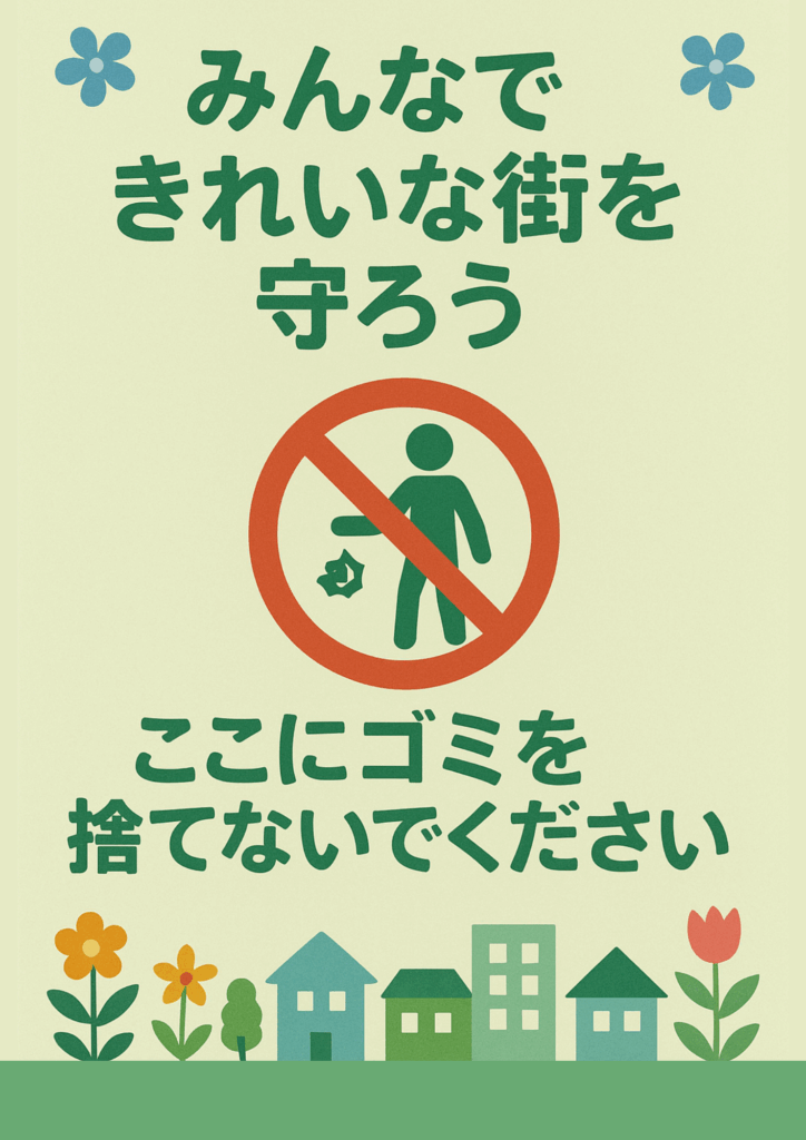 淡いクリーム色の背景に上部中央で緑色ゴシック太字の「みんなできれいな街を守ろう」、中央に赤い禁止マーク内で緑色の人物がゴミを捨てようとするアイコン、最下部に街並みと花のイラストを配置した縦長テンプレート画像