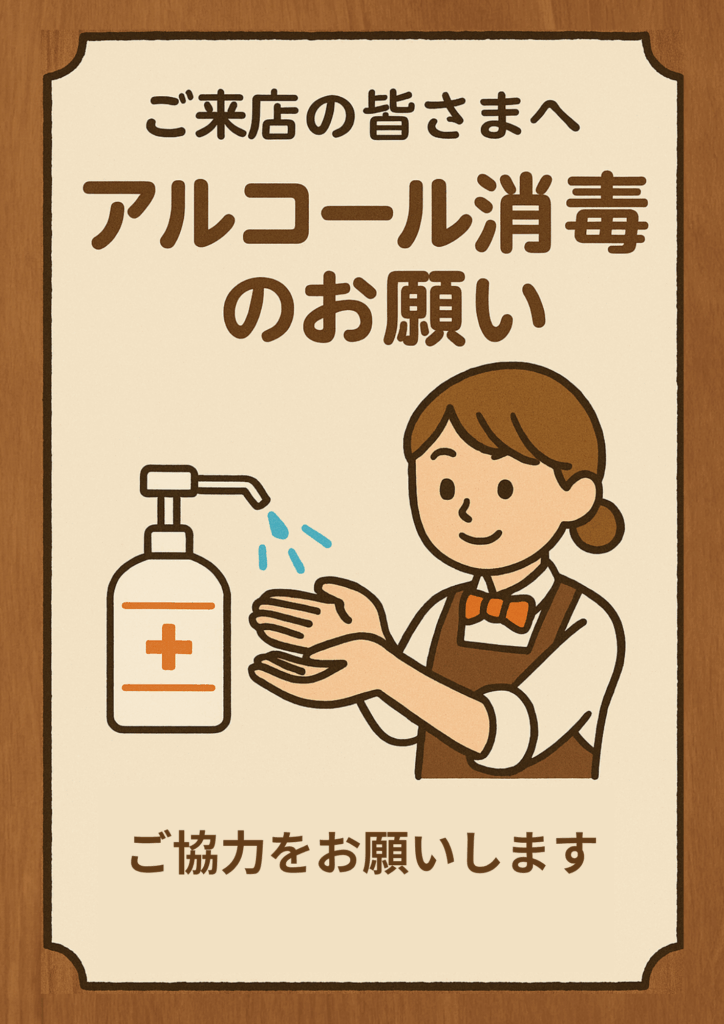 木目調の背景にクリーム色の看板風フレーム、上部に「ご来店の皆さまへ」、中央に太字の「アルコール消毒のお願い」、イラストではスタッフが手のひらにアルコールを噴霧している様子、下部に「ご協力をお願いします」と配置された消毒呼びかけテンプレート