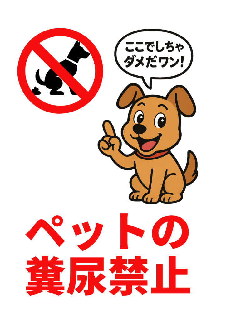白背景の左上に赤禁止マーク付き黒犬シルエット、右上に指差しポーズの茶色いキャラクター犬と吹き出し「ここでしちゃダメだワン！」。下部に大きな赤文字で「ペットの糞尿禁止」を示した、子どもにも分かりやすいポップな張り紙テンプレート。