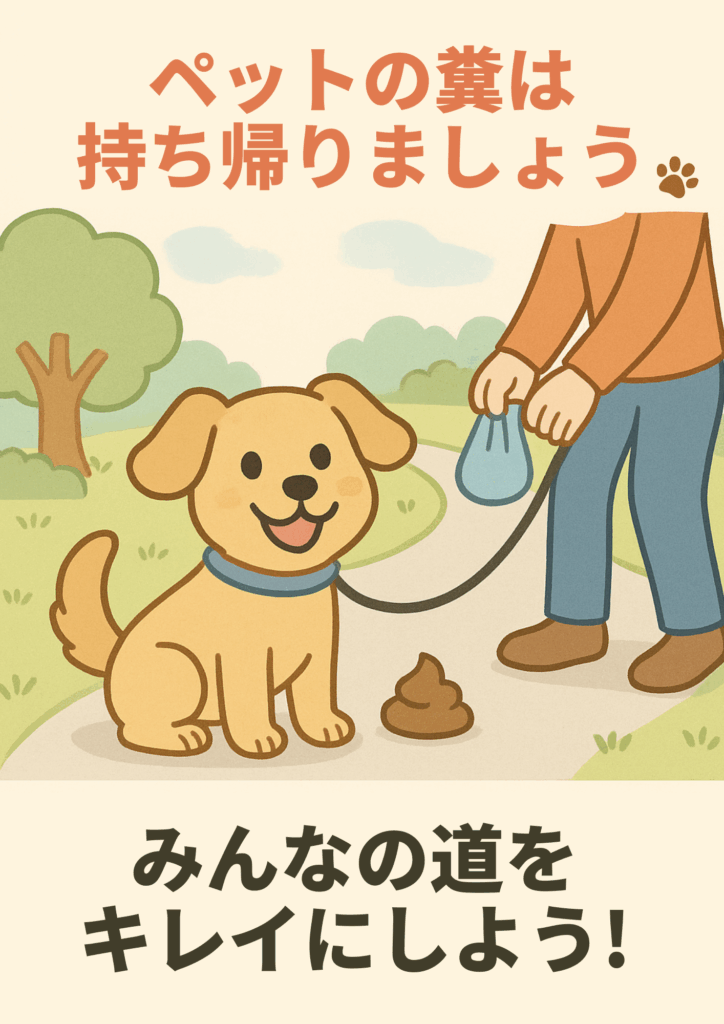 公園の小道で犬が排泄をしており、飼い主がビニール袋で処理しようとしているイラスト。上部に「ペットの糞は持ち帰りましょう」、下部に「みんなの道をキレイにしよう！」と書かれている。優しい雰囲気の啓発ポスター