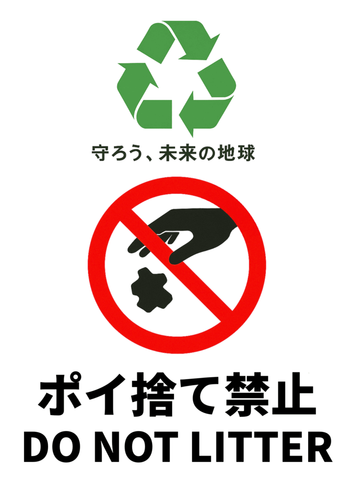 上部に緑色のリサイクルマーク、その下に緑のゴシックで「守ろう、未来の地球」、中央に赤い禁止マーク内で手がゴミを捨てようとしているアイコン、下部に黒い太字で「ポイ捨て禁止」、さらにその下に英語で「DO NOT LITTER」と書かれた縦長テンプレート画像