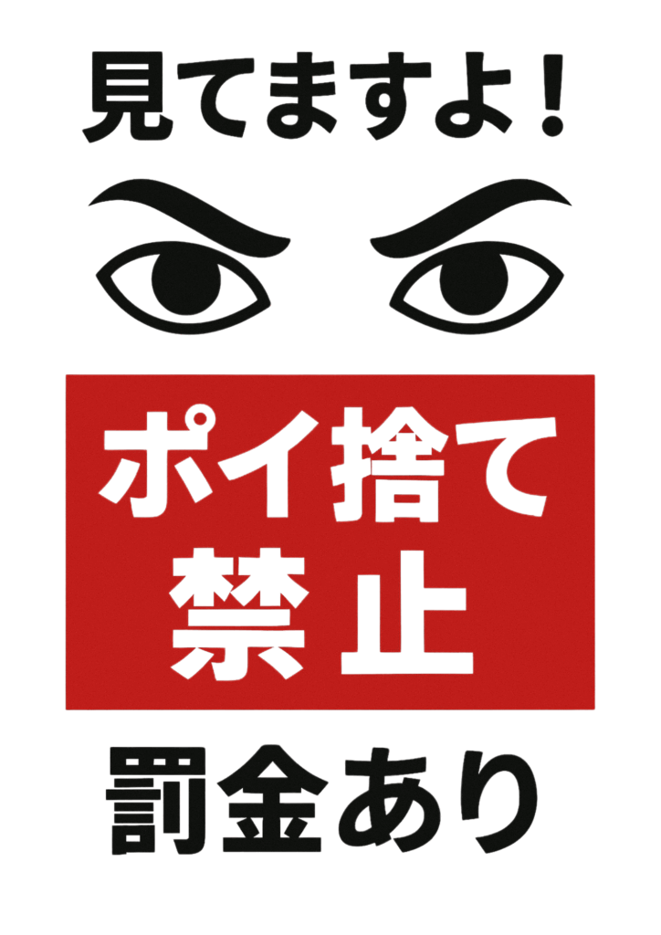 上部に黒い太字で「見てますよ！」、中央に黒い目のアイコンふたつ、その下に赤い長方形内に白抜きで「ポイ捨て禁止」、最下部に黒い太字で「罰金あり」と書かれた縦長テンプレート画像