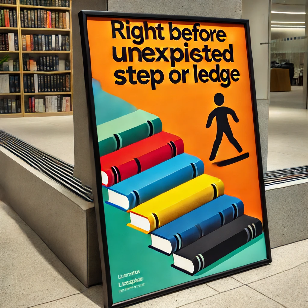階段のイラストが描かれた警告ポスターが図書館の段差の近くに設置されている。ポスターは段差の存在を注意喚起するためのものである。
