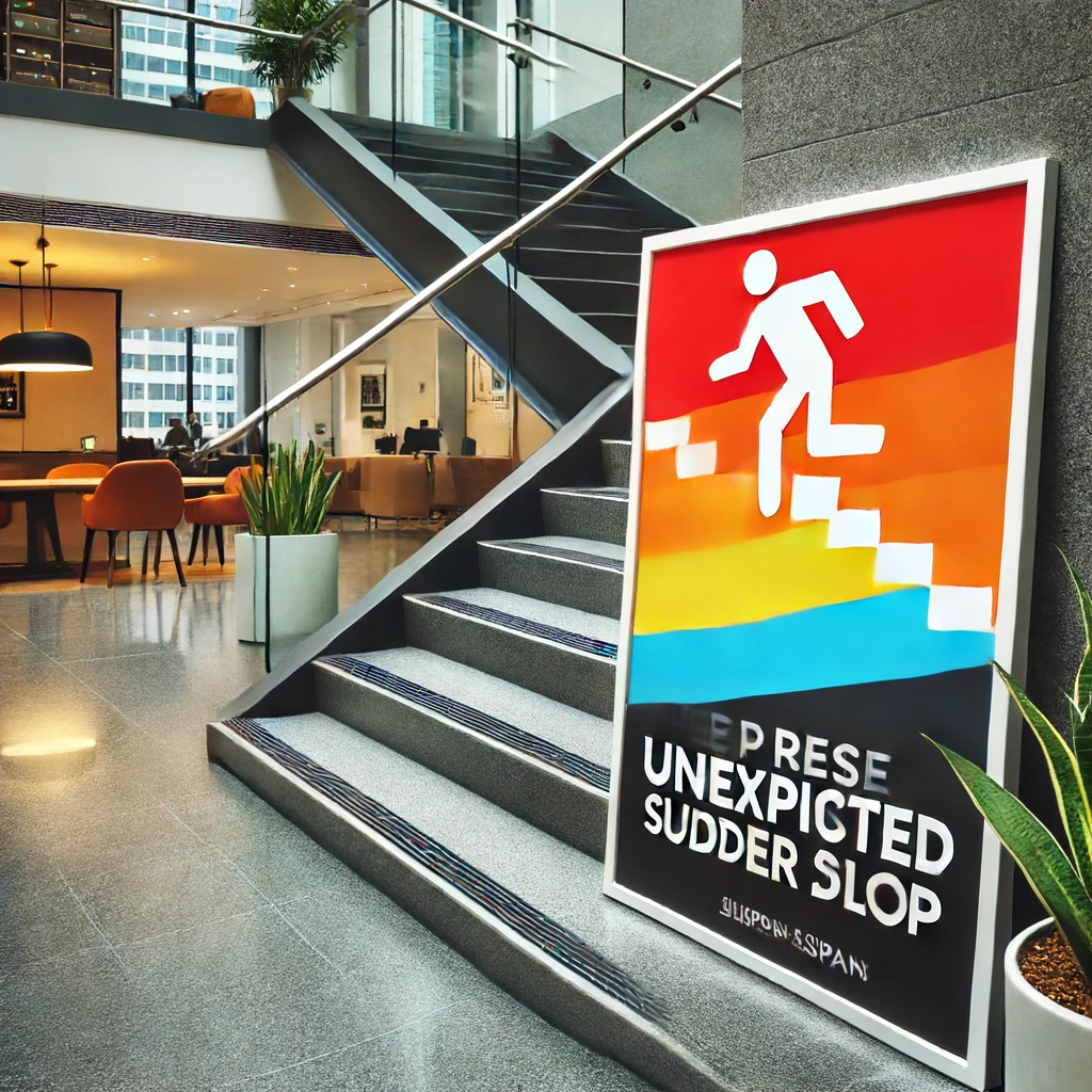 カラフルな警告ポスターが予想外の段差の直前に設置されているオフィスのロビー。ポスターは視線の高さにあり、来訪者に段差に注意するよう促している。