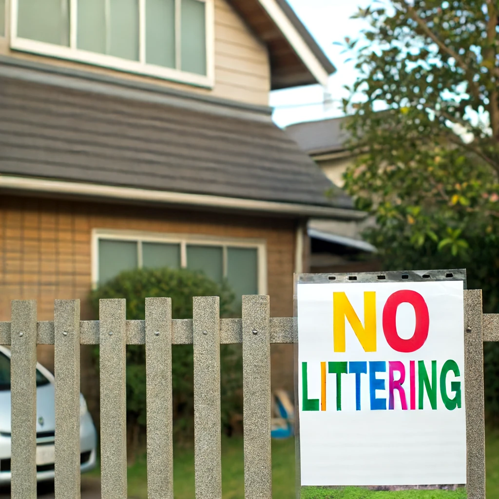 家のフェンスに掲示されたカラフルなポイ捨て禁止のポスター