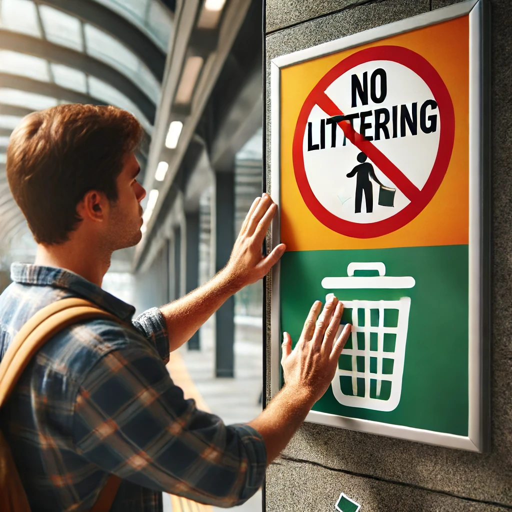 駅の通路でポスターを貼る男性。ポイ捨て禁止の表示があるカラフルなポスター