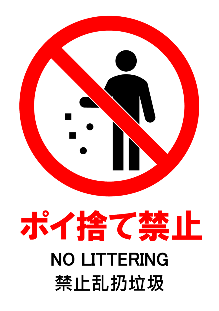 ポイ捨てを禁止するポスター。人が紙クズやゴミを捨てている様子。日本語、英語、中国語対応