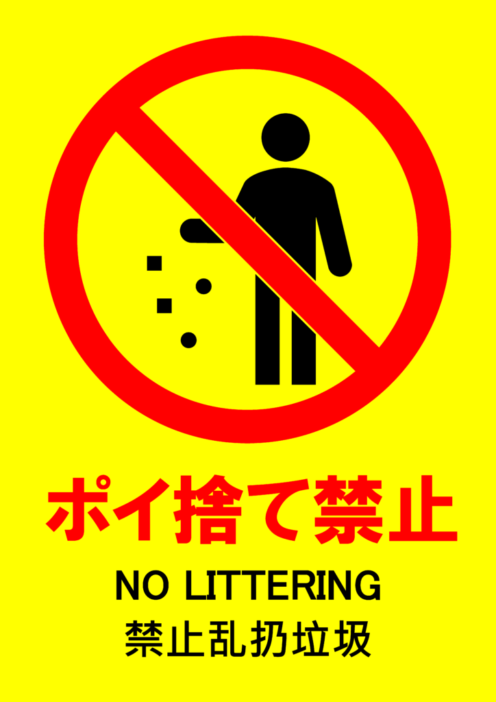 ポイ捨てを禁止するポスター。黄色の目立つ背景で、人が紙クズやゴミを捨てている様子。日本語、英語、中国語対応