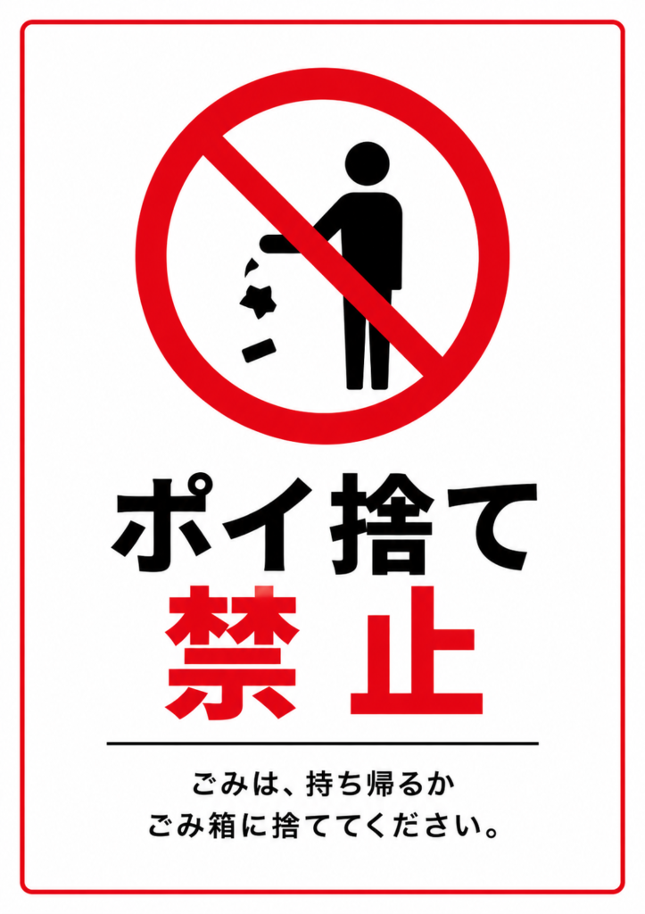 赤い枠と禁止マークを使い、ポイ捨てする人物のピクトグラムと「ポイ捨て禁止」「ごみは、持ち帰るかごみ箱に捨ててください。」の文字を配置した縦型ポスター