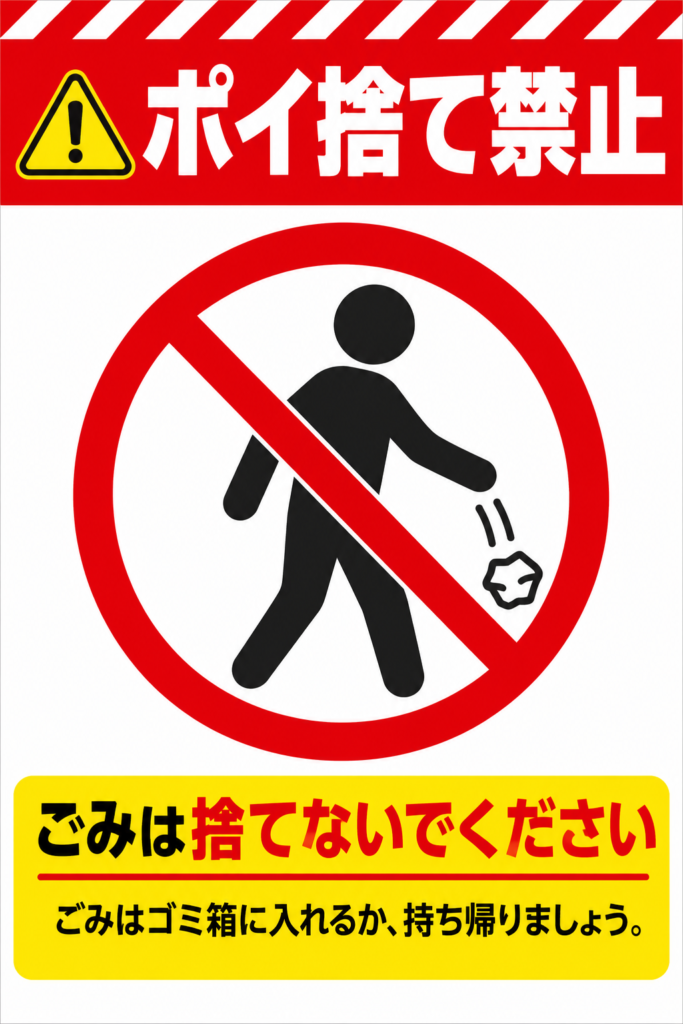 赤い警告帯と黄色の注意マーク、ポイ捨てする人物の禁止ピクトグラムを大きく配置し、「ごみは捨てないでください」と呼びかける縦型の警告ポスター