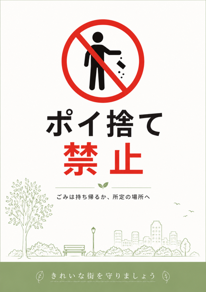 白い背景にポイ捨てする人物の禁止マークを配置し、赤と黒の大きな文字で「ポイ捨て禁止」と表示した、街並みの線画入り縦型ポスター