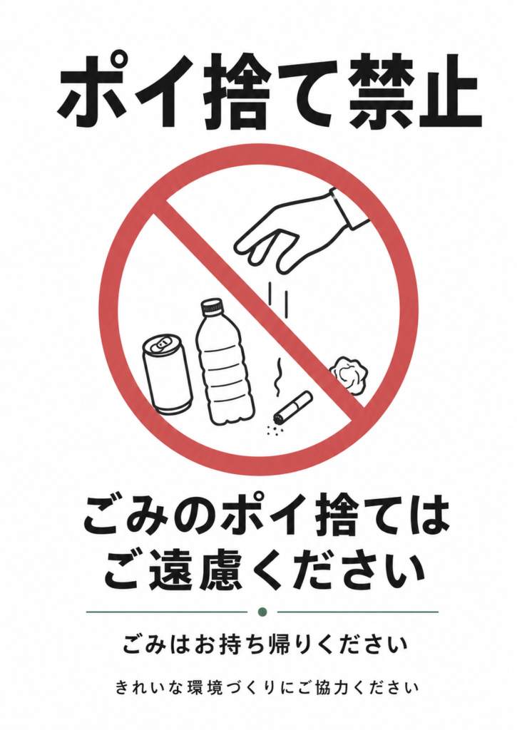 ごみを落とす手と空き缶、ペットボトル、吸い殻、紙くずを禁止マーク内に描き、「ごみのポイ捨てはご遠慮ください」と案内する縦型ポスター